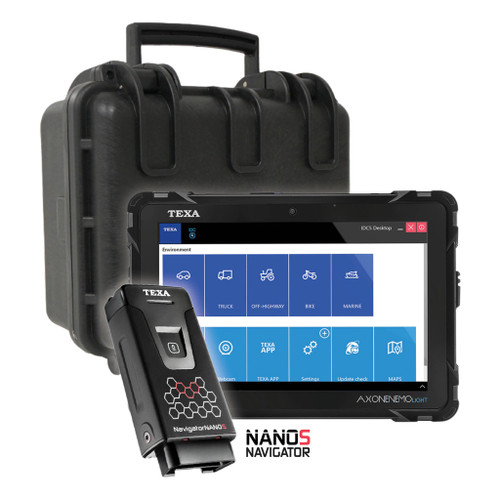 Texa Car Diagnostic Package featuring the AXONE Nemo Light Diagnostic Tablet, Navigator Nano S interface, IDC5 CAR software. Comprehensive diagnostic tools for automotive professionals.