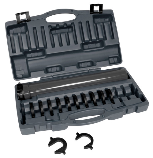 An image showcasing the Lisle Inner Tie Rod Tool Set, 12 Pc., with its diverse adapters and the main tool displayed prominently. The set is arranged in a professional setting, highlighting its functionality and readiness for challenging automotive tasks.