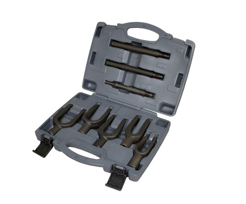 An image displaying the Lisle Thick Pickle Fork Kit, 5 pc., with each fork prominently shown. The tools are laid out against a workshop backdrop, emphasizing their sturdy construction and the variety of sizes available.