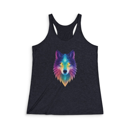 Women’s Geometric Wolf Spirit Animal Tank Top – Aurora Prism Wolf Graphic, Slim Fit Racerback, Boho Athletic Tee, Tribal Wolf Symbol for Strength & Intuition