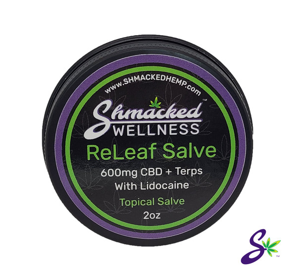 Front of Full spectrum CBD infused salve with lidocaine, part of the Shmacked Wellness line