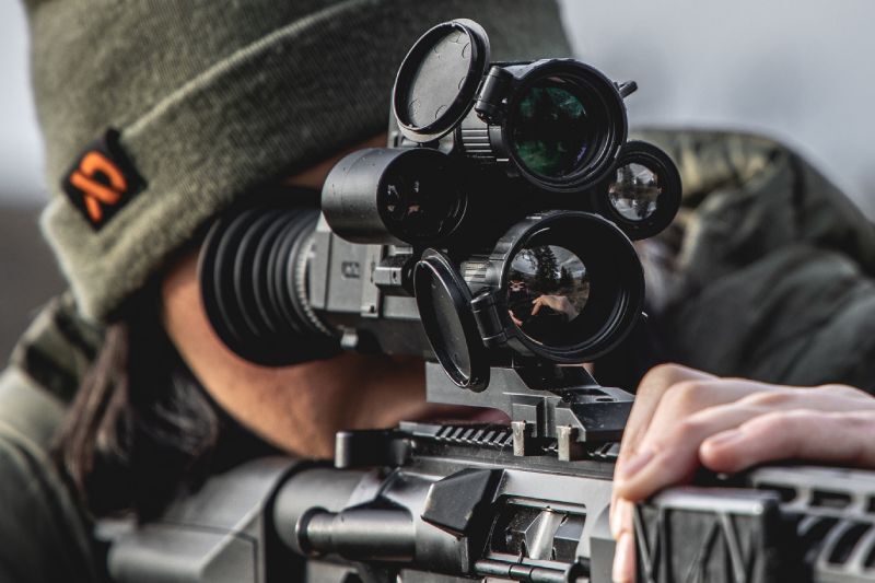 Close up front view of a Mounted Landsat Compact Multi-spectral Rifle Scope.