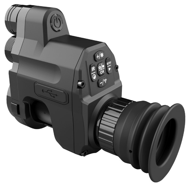 Side-angle view of the PARD NV007SP LRF Clip-On Night Vision Scope showing eyepiece, controls, and USB port.