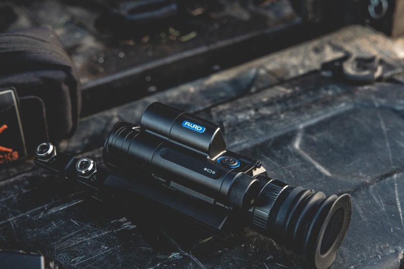 Rear angle of PARD thermal optic showing eyepiece, control buttons, and durable housing.