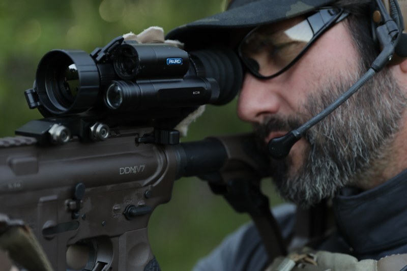 Rifle equipped with the PARD SA32/62 LRF Thermal Imaging Scope for precision nighttime shooting and ranging.