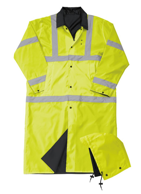 ANSI 3 Reversible Police Raincoat w/hood, fluorescent yellow/black