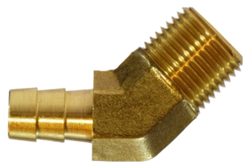 Midland Metal 32110 45 deg Elbow, 1/4 in Hose Barbed x 1/8 in Male NPTF, Brass