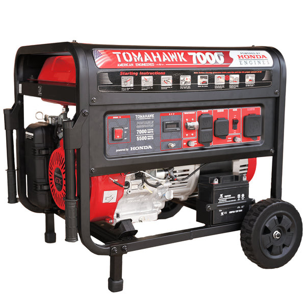 Tomahawk TG7000H 7000 Watt Honda Powered Generator Portable Gas Power, Open Frame with Wheel Kit