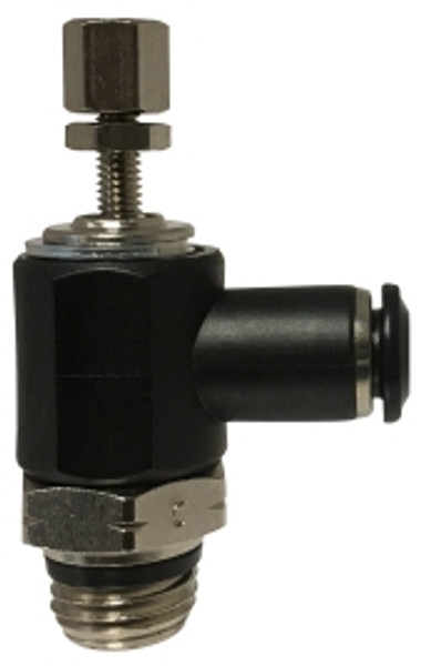 Midland Metal 20787C Meter Out Right Angle Flow Control Valve, 3/8 x 1/4 in Nominal, Push-In x MIP