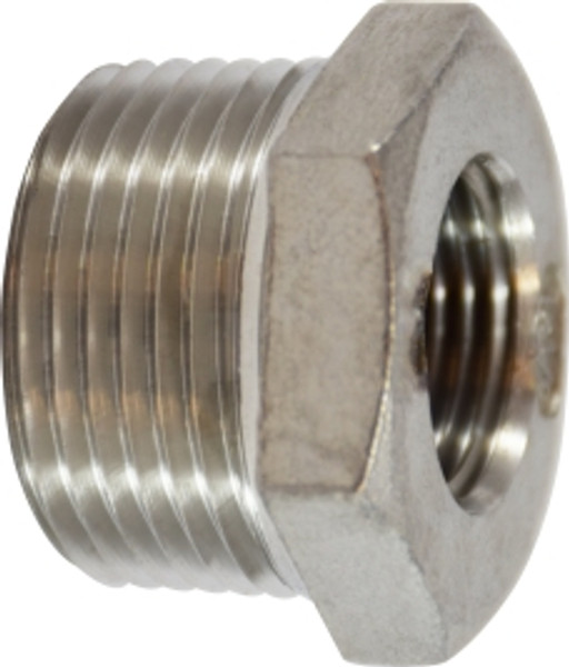 Midland Metal 62538 Reducer Hex Bushing, 3 in MPT x 2 in FPT, Stainless Steel, 150 lb