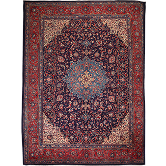 Mahal Persian Rug 13x10 ft - Semi Antique Medallion (Toranj), Herati (Mahi) Navy Blue, Madder Red, Ivory Hand Knotted | front view | SKU 111716