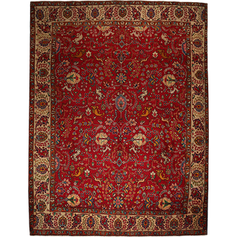 Tabriz Persian Rug 12'9" x 6'11" - Semi Antique Medallion Red, Cream Hand Knotted | front view | SKU 111726