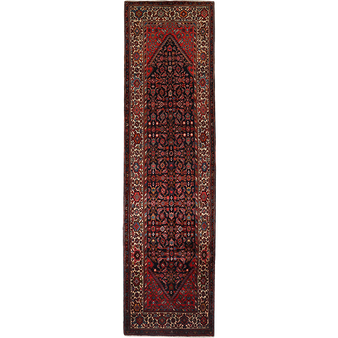 Farahan Persian Rug 13x3 ft - Antique Medallion Toranj, Herati Mahi Dark Red, Navy Blue, Cream Hand Knotted | front view | SKU 111730