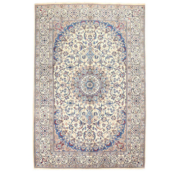 Tabas Persian Rug 9x6 ft - Semi Antique Medallion White, Blue Hand Knotted | front view | SKU 111800