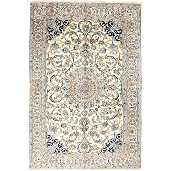 Nain Persian Rug 9x6 ft - Semi Antique Medallion (Toranj), Shah Abbasi Cream, Navy Blue, Burgundy Hand Knotted | front view | SKU 111801