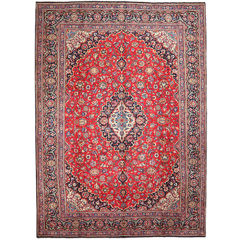 Kashan Persian Rug 11x7 ft - Semi Antique Shah Abbasi, Medallion (Toranj) Crimson, Navy Blue, Cream Hand Knotted | front view | SKU 111802