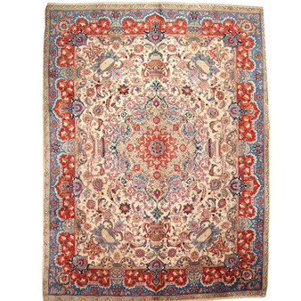 Kashmar Persian Rug 13x9 ft - Semi Antique Afshan Crimson, Ivory Hand Knotted | front view | SKU 111803