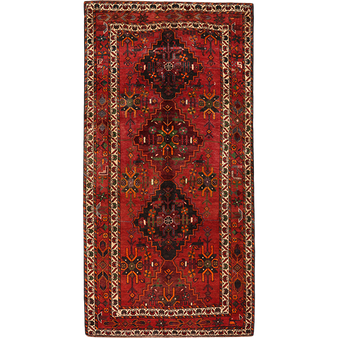 Quchan Persian Rug 9x4 ft - Semi Antique Medallion Toranj, Geometric Madder Red, Burgundy, Dark Red Hand Knotted | front view | SKU 111804