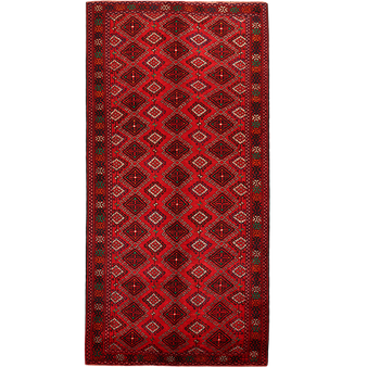 Quchan Persian Rug 10x4 ft - Semi Antique Geometric, Diamond Lattice Red, Crimson, Dark Red Hand Knotted | front view | SKU 111806