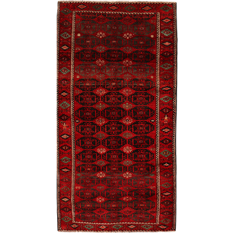 Baluch Persian Rug 9x4 ft - Semi Antique Mihrab Red, Blue Hand Knotted | front view | SKU 111807