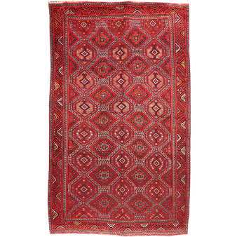 Quchan Persian Rug 9x5 ft - Semi Antique Geometric, Gol Farang Madder Red, Burgundy, Ivory Hand Knotted | front view | SKU 111808