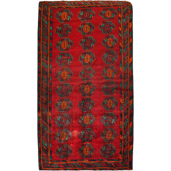 Quchan Persian Rug 10x5 ft - Semi Antique Geometric, Turkmen Gul Red, Navy Blue, Black Hand Knotted | front view | SKU 111811
