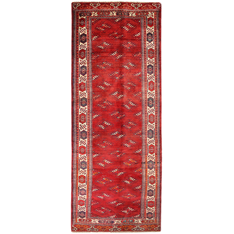 Baluch Persian Rug 12x4 ft - Semi Antique Boteh (Paisley), Geometric Madder Red, Crimson, Cream Hand Knotted | front view | SKU 111812