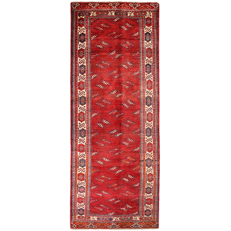 Baluch Persian Rug 12'2" x 4'7" - Semi Antique Mihrab Red, Blue Hand Knotted | front view | SKU 111812