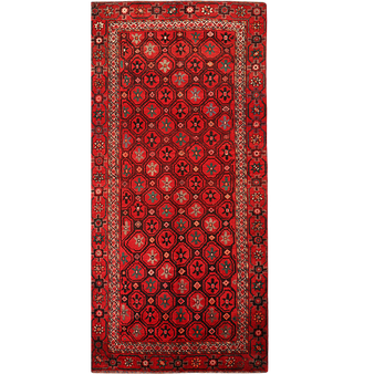 Quchan Persian Rug 9x4 ft - Semi Antique Medallion Red, Blue Hand Knotted | front view | SKU 111813
