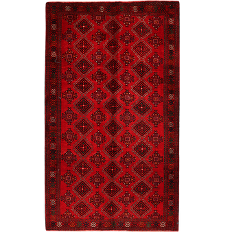 Baluch Persian Rug 9x5 ft - Semi Antique Geometric, Turkmen Gul Red, Dark Red, Burgundy Hand Knotted | front view | SKU 111814