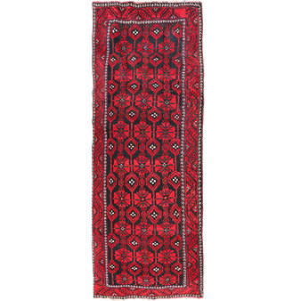 Baluch Persian Rug 13x5 ft - Semi Antique Mihrab Red, Blue Hand Knotted | front view | SKU 111815