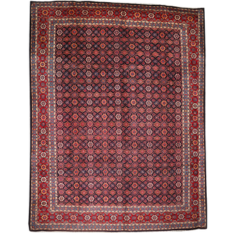 Varamin Persian Rug 13x10 ft - Semi Antique Herati Afshan Dark Red Navy Blue Cream Hand Knotted | front view | SKU 111816