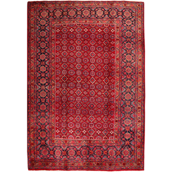 Varamin Persian Rug 9x6 ft - Semi Antique Afshan (All-Over), Herati (Mahi) Madder Red, Dark Red, Navy Blue Hand Knotted | front view | SKU 111818