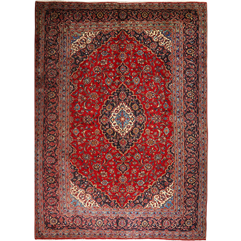 Kashan Persian Rug 11x7 ft - Semi Antique Medallion Crimson, Navy Blue Hand Knotted | front view | SKU 111819