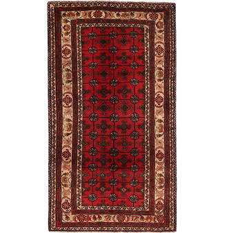 Baluch Persian Rug 6x3 ft - Semi Antique Geometric, Turkmen Gul Dark Red, Burgundy, Cream Hand Knotted | front view | SKU 111824