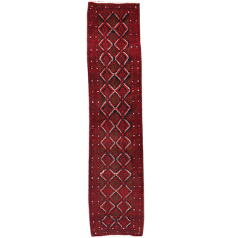 Baluch Persian Rug 10x2 ft - Semi Antique Mihrab Red, Blue Hand Knotted | front view | SKU 111829