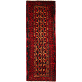 Baluch Persian Rug 7x2 ft - Semi Antique Mihrab Red, Blue Hand Knotted | front view | SKU 111831