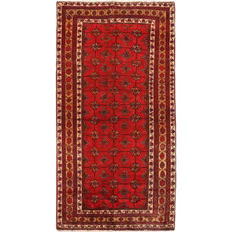 Baluch Persian Rug 6x3 ft - Semi Antique Mihrab Red, Blue Hand Knotted | front view | SKU 111832