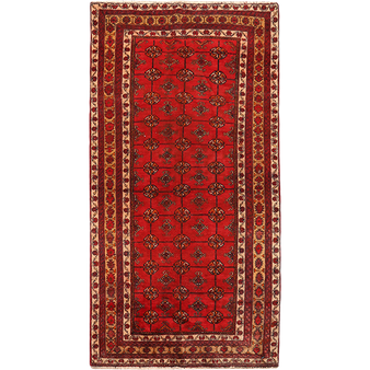 Baluch Persian Rug 6x3 ft - Semi Antique Geometric, Gol Farang Red, Burgundy, Cream Hand Knotted | front view | SKU 111832