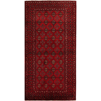 Baluch Persian Rug 6x3 ft - Semi Antique Geometric, Turkmen Gul Dark Red, Burgundy, Black Hand Knotted | front view | SKU 111834