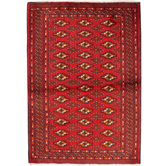 Turkmen Persian Rug 4'3" x 2'11" - Semi Antique Geometric Crimson, Navy Blue Hand Knotted | front view | SKU 111837