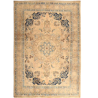 Sabzevar Persian Rug 9x6 ft - Semi Antique Medallion (Toranj), Shah Abbasi Cream, Beige, Navy Blue Hand Knotted | front view | SKU 111903