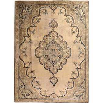 Tabriz Persian Rug 10'6" x 7'7" - Semi Antique Medallion Red, Cream Hand Knotted | front view | SKU 111904