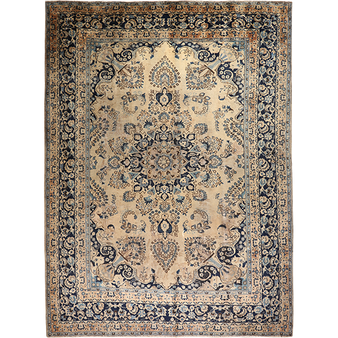 Sabzevar Persian Rug 11'3" x 8'2" - Semi Antique Medallion Crimson, Beige Hand Knotted | front view | SKU 111905