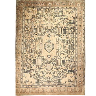 Tabriz Persian Rug 12x9 ft - Semi Antique Medallion Red, Cream Hand Knotted | front view | SKU 111908