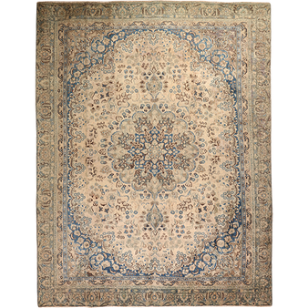 Sabzevar Persian Rug 12x8 ft - Semi Antique Shah Abbasi, Medallion (Toranj) Cream, Beige, Navy Blue Hand Knotted | front view | SKU 111910
