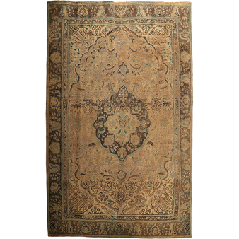 Tabriz Persian Rug 11'2" x 7'10" - Semi Antique Medallion Red, Cream Hand Knotted | front view | SKU 111911