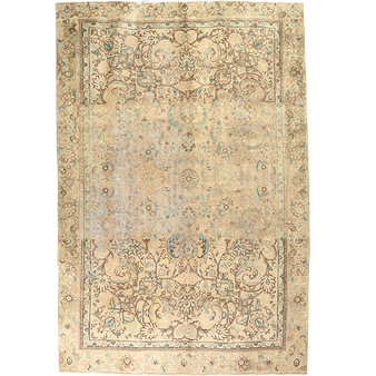 Tabriz Persian Rug 9x6 ft - Semi Antique Medallion (Toranj), Shah Abbasi Cream, Beige, Camel Hand Knotted | front view | SKU 111912