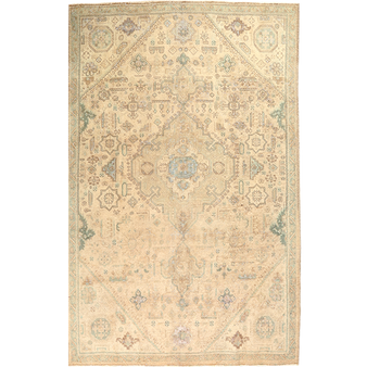 Tabriz Persian Rug 9x6 ft - Semi Antique Medallion Toranj Afshan Cream Beige Sage Green Hand Knotted | front view | SKU 111913