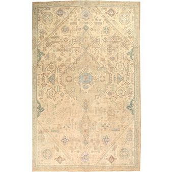 Tabriz Persian Rug 9'7" x 6'1" - Semi Antique Medallion Red, Cream Hand Knotted | front view | SKU 111913